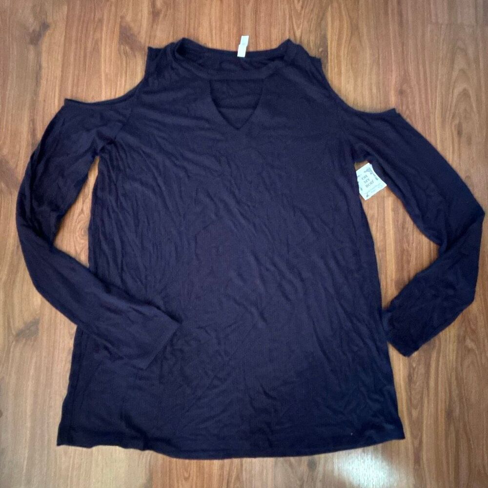 NWT MTS cold shoulder long sleeve ribbed navy top L rayon viscose tshirt